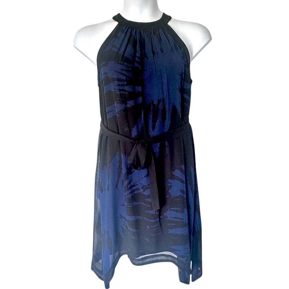 Kensie Abstract Print Halter Neck Asymmetrical Mini Dress Blue Black S Belted
